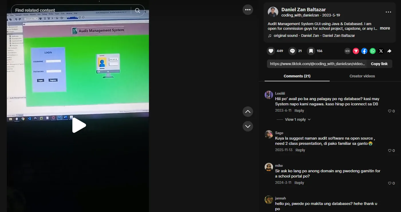TikTok video of an Audit Management System built in Java with a login screen, 449 likes