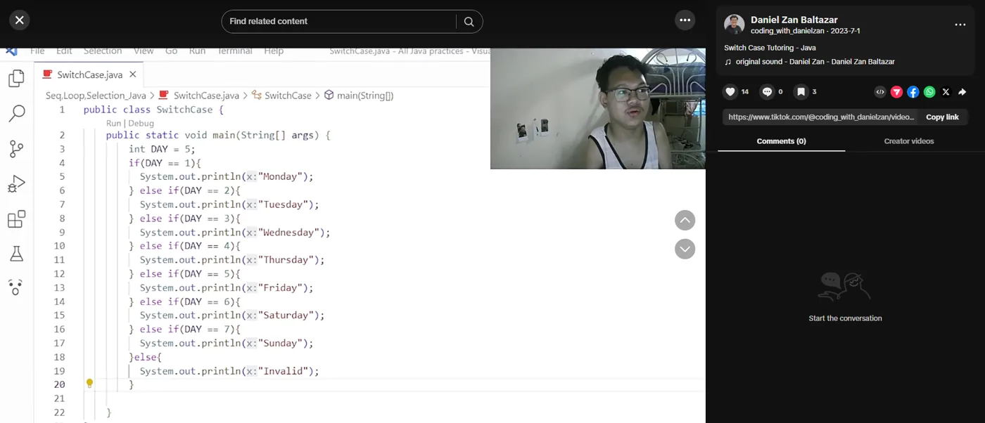 Switch case tutoring video in Java, recorded in a bedroom with a webcam